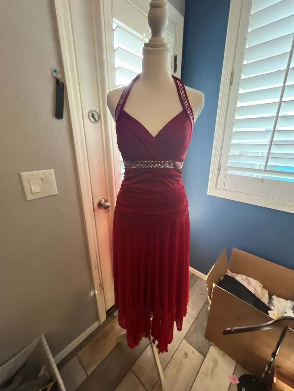 Trixxi Burgundy Red Halter Dress with Rhinestones and Ruffled Asymmetrical Hem